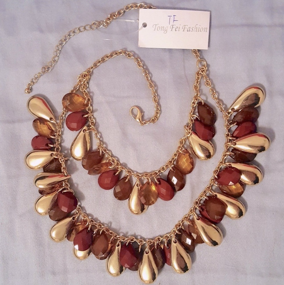 NWT Boutique Stunning Beaded Necklace - Gold/ Maroon/ Brown